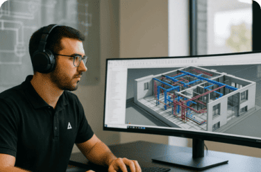 Diseñador BIM con polo negro e imagotipo triangular de República Integra modela una instalación MEP 3D en un monitor ultra-wide; lleva audífonos over-ear y trabaja en un entorno de oficina moderna con pizarra técnica al fondo.