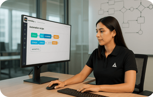 Profesional femenina con polo negro y logotipo triangular de República Integra opera teclado y mouse frente a un monitor que muestra una receta de automatización en Monday.com; detrás, un pizarrón exhibe un flujo BPMN. Profesional femenina con polo negro y logotipo triangular de República Integra opera teclado y mouse frente a un monitor que muestra una receta de automatización en Monday.com; detrás, un pizarrón exhibe un flujo BPMN.