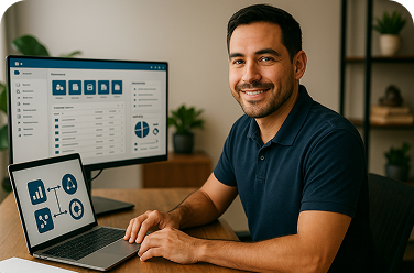 Hombre en home office, especialista en SharePoint; monitor con intranet Microsoft 365 y laptop con flujo de aprobación.