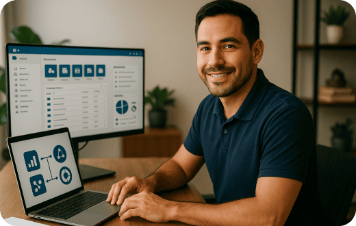 Hombre en home office, especialista en SharePoint; monitor con intranet Microsoft 365 y laptop con flujo de aprobación.