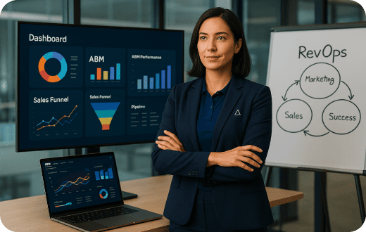 Estratega senior de crecimiento B2B y ABM de pie en oficina moderna, frente a dashboards de HubSpot (pipeline y funnel) y pizarra con diagrama RevOps.