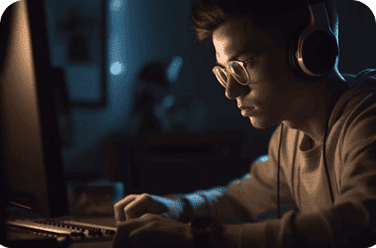 En una habitación con poca luz, un ingeniero de sonido programa una solución de tecnología en su laptop mientras utiliza audífonos.