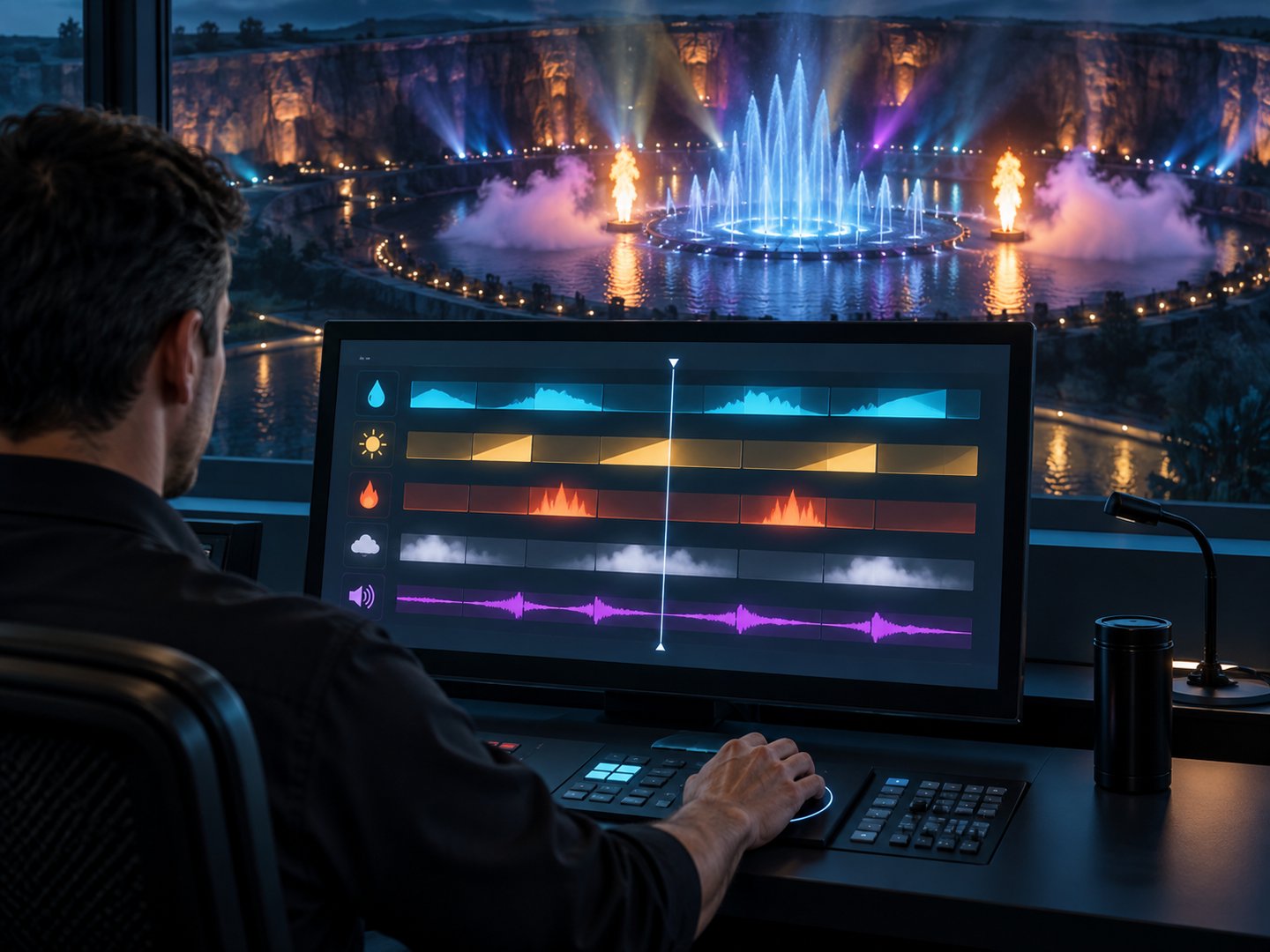 Línea de tiempo unificada para programar agua, iluminación, fuego, niebla y audio
