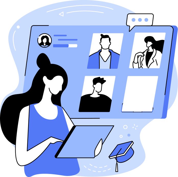 Ilustración: una chica tiene una reunión de estatus con su equipo de manera remota. Se conecta con una tablet. 