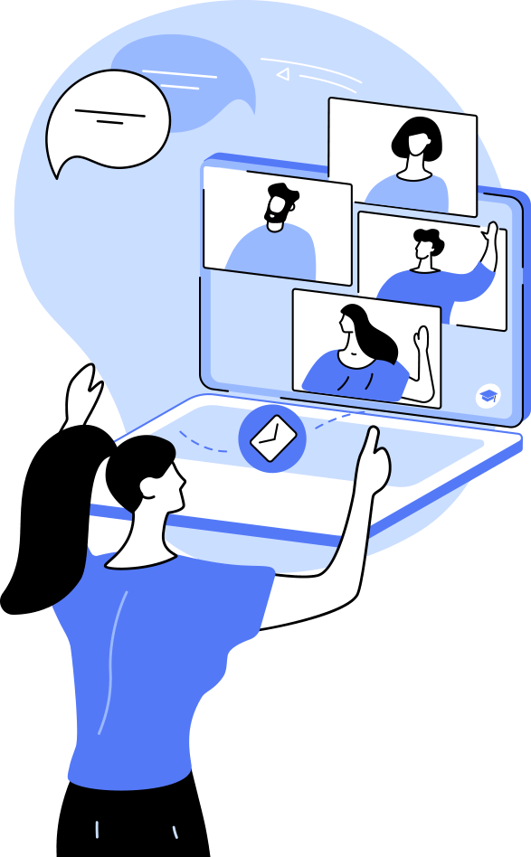 Ilustración: una colaboradora de conecta con su equipo de trabajo a través de una laptop