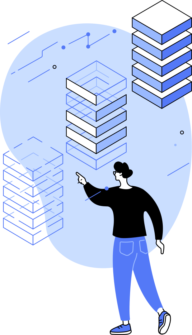 Ilustración: un personaje señala un grupo de servidores en un centro de datos 