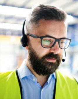 Un operador de logística se comunica por medio de una diadema conectada a un Radiocomunicador. 