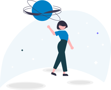 Ilustración de una colaboradora haciendo un planeta girar sobre su mano.