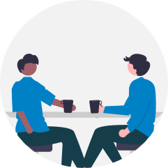 Ilustración de dos personas conversando mientras toman una bebida 