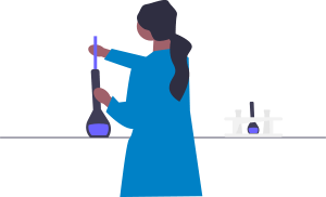 Ilustración de una mujer preparando una fórmula química. 