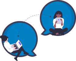 Ilustración de dos mujeres intercambiando información a distancia por medio de una laptop y una tablet. 